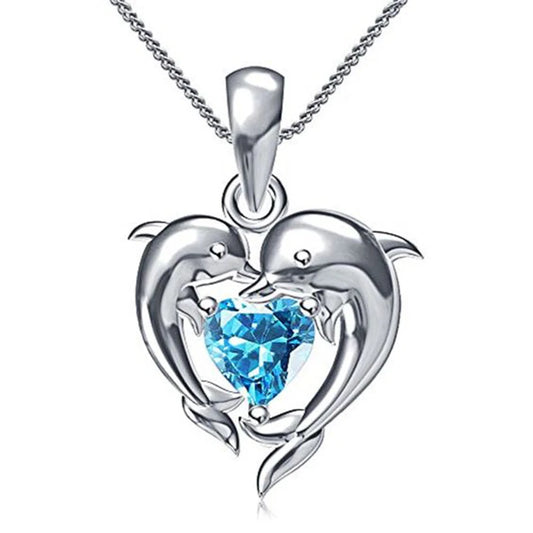 Couple Dolphin Blue Heart CZ Necklace