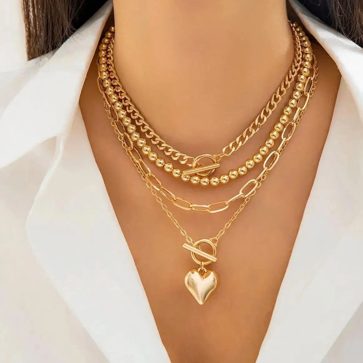 4Pcs Punk Gold Heart Pendant Necklace Set