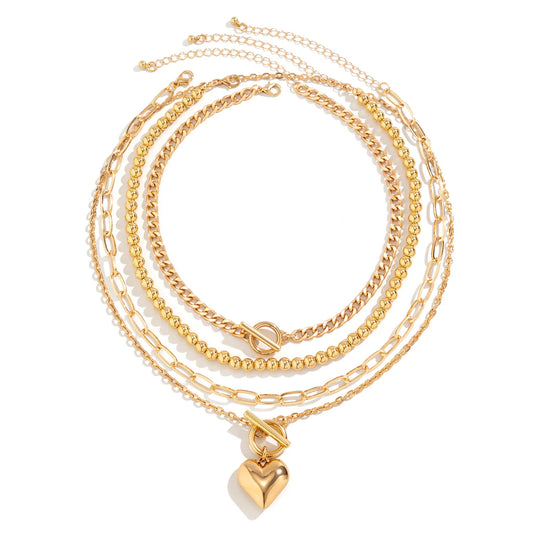 4Pcs Punk Gold Heart Pendant Necklace Set