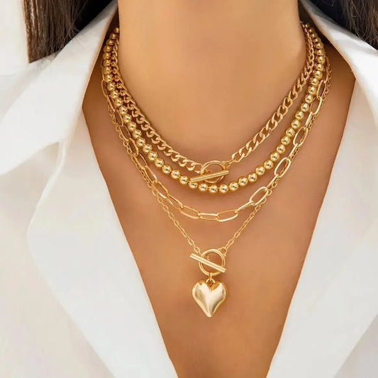 4Pcs Punk Gold Heart Pendant Necklace Set