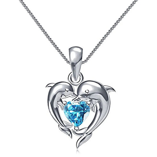 Couple Dolphin Blue Heart CZ Necklace